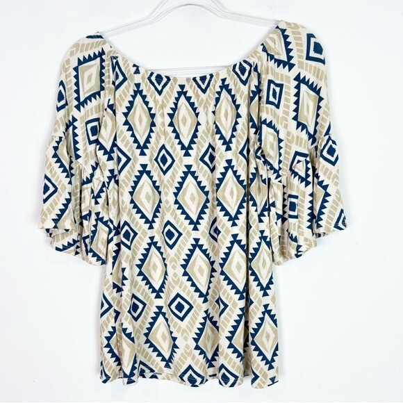 VOLL TAUPE BLUE GEOMETRIC PATTERN SHORT SLEEVE OFF SHOULDER SHIRT WOMENS SMALL