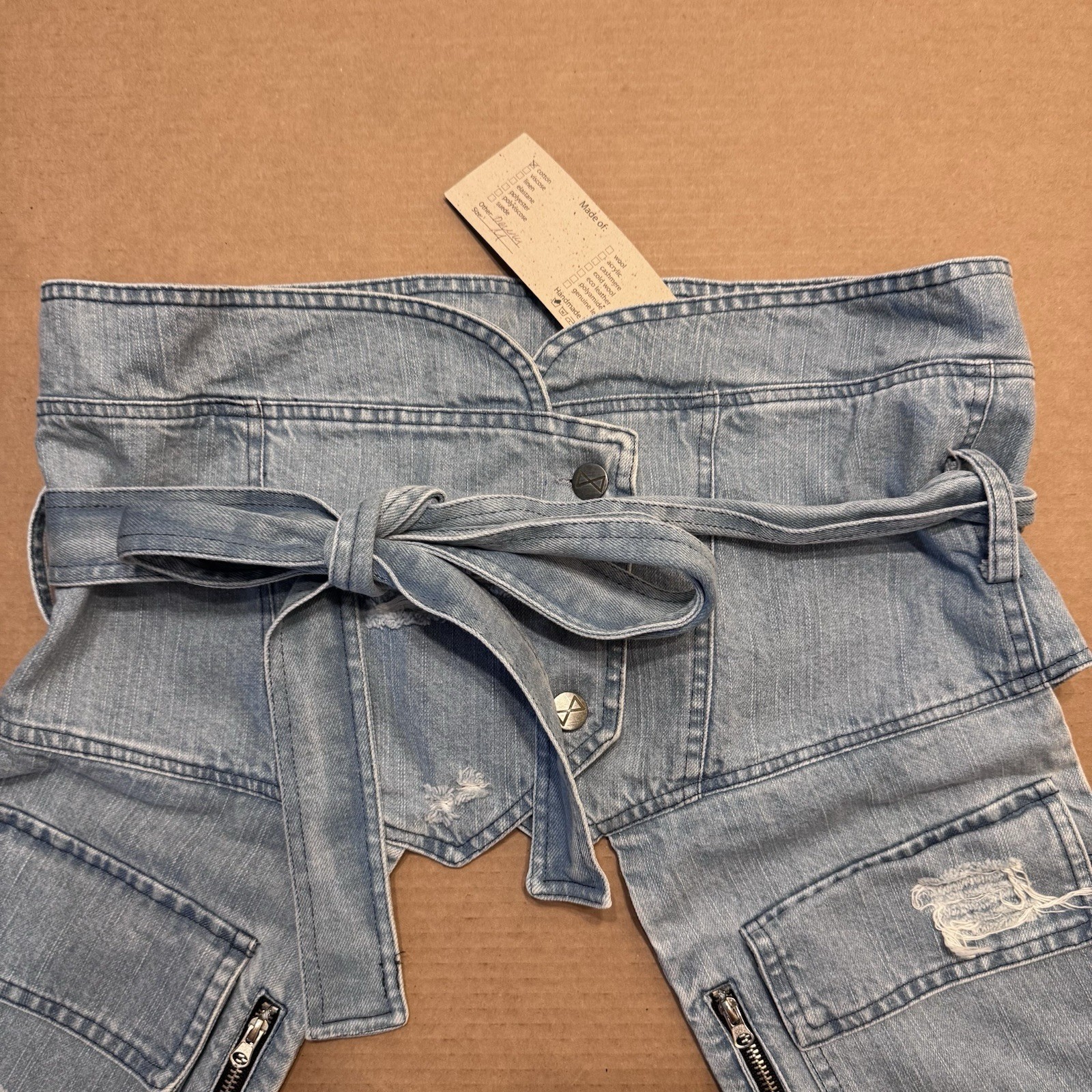 Metamorphoza Distressed Denim Top With Tie Medium New