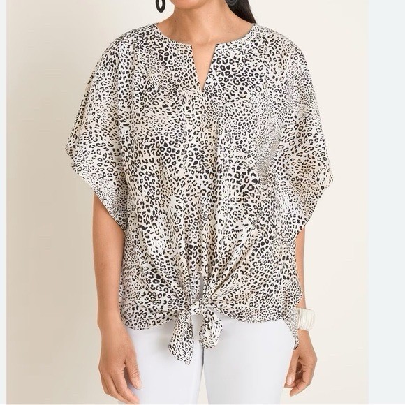 Chico’s Leopard Tie-Front Blouse animal print flutter sleeve xl workwear casual