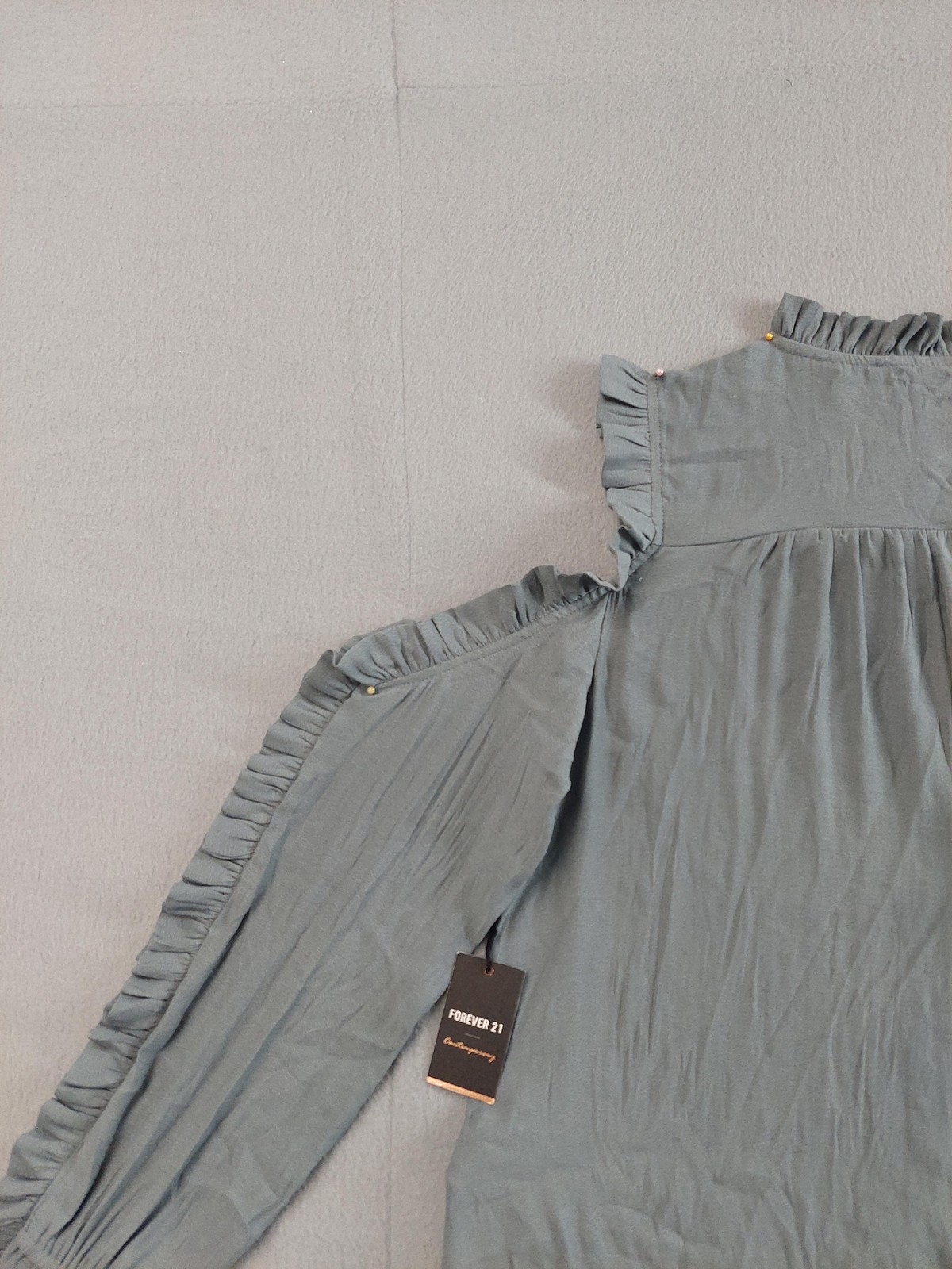 Forever 21 Shirt Womens Small Dusty Blue Cold Shoulder Ruffle Long Sleeve Top