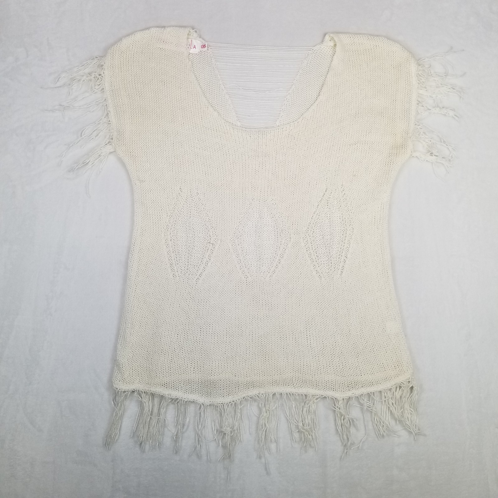 Story of Lola Cap Sleeve Knit Top Women’s Size OS Cream Fringe Hem Open Weave