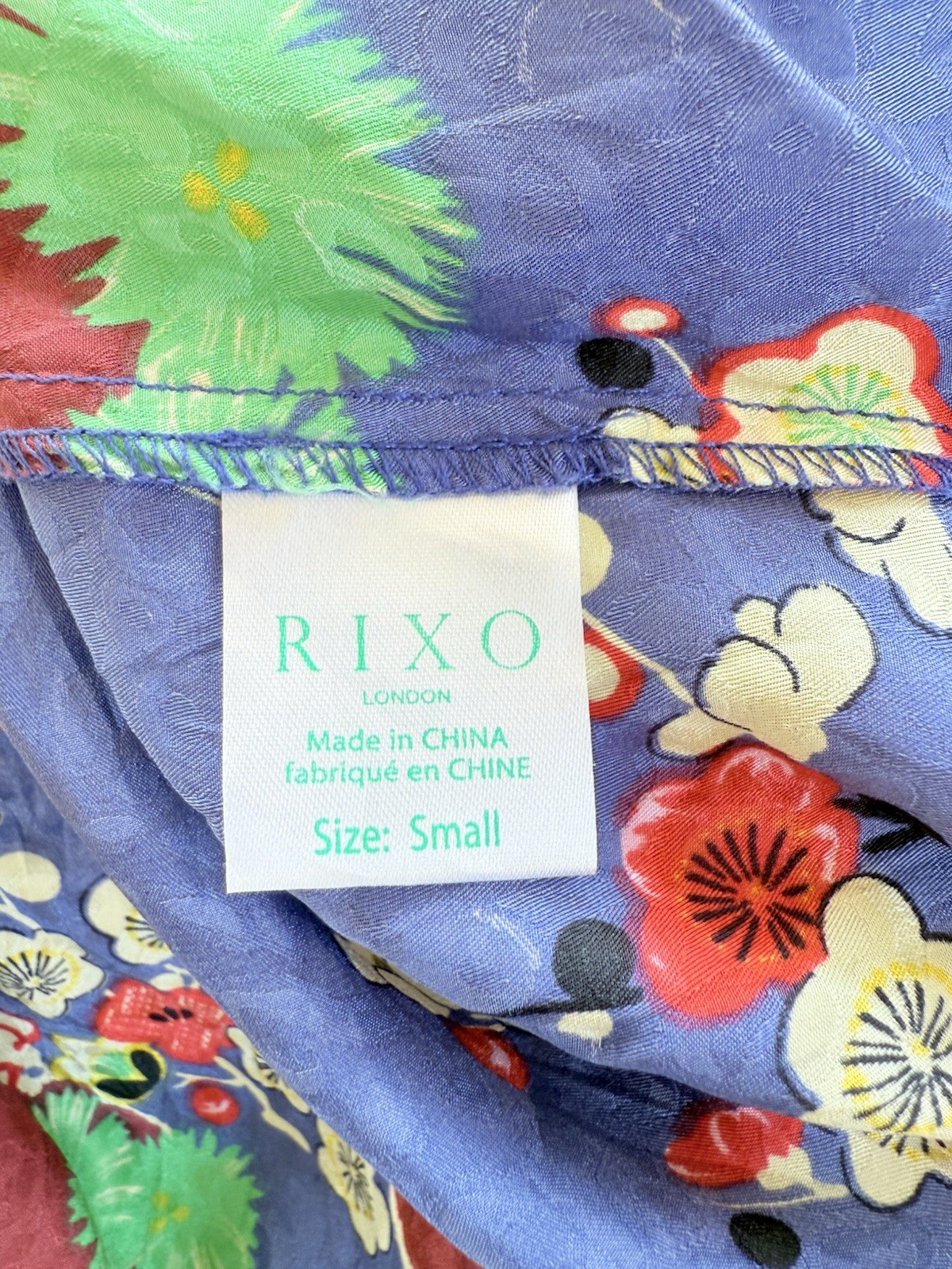 RIXO London Ivy Top in Blue Cherry Blossom Print, Silk Tie Neck Blouse Sz Small