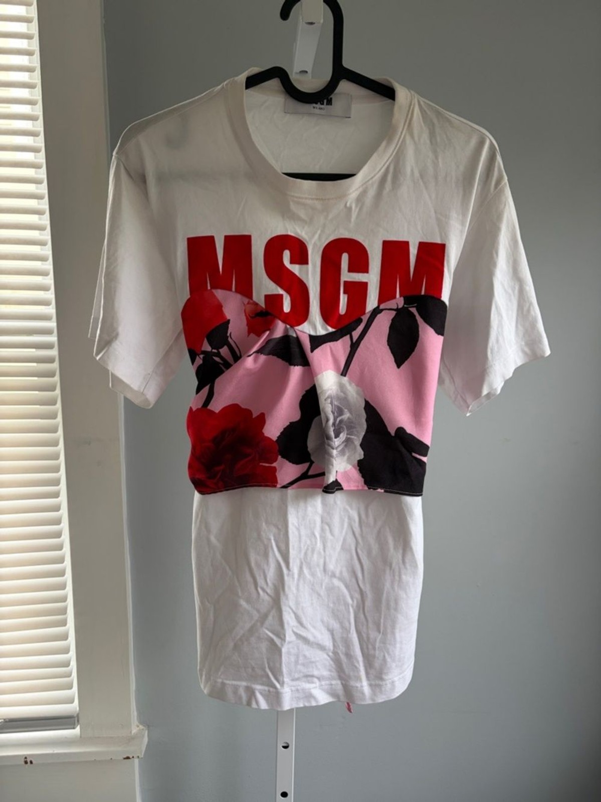 MSGM White Tee with Red Logo and Pink Floral Panel size small/medium