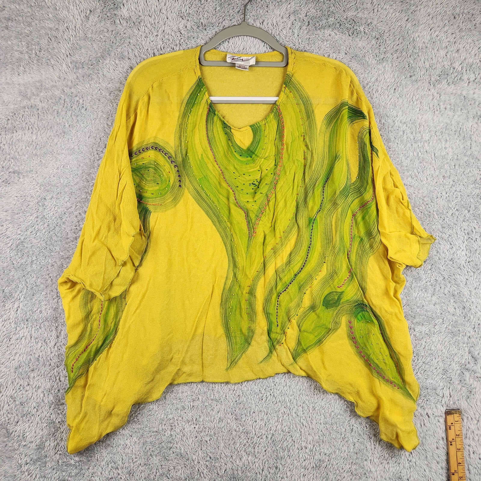 Vintage Sterling Styles Blouse Womens One Size Yellow Hand Painted Beaded Tunic