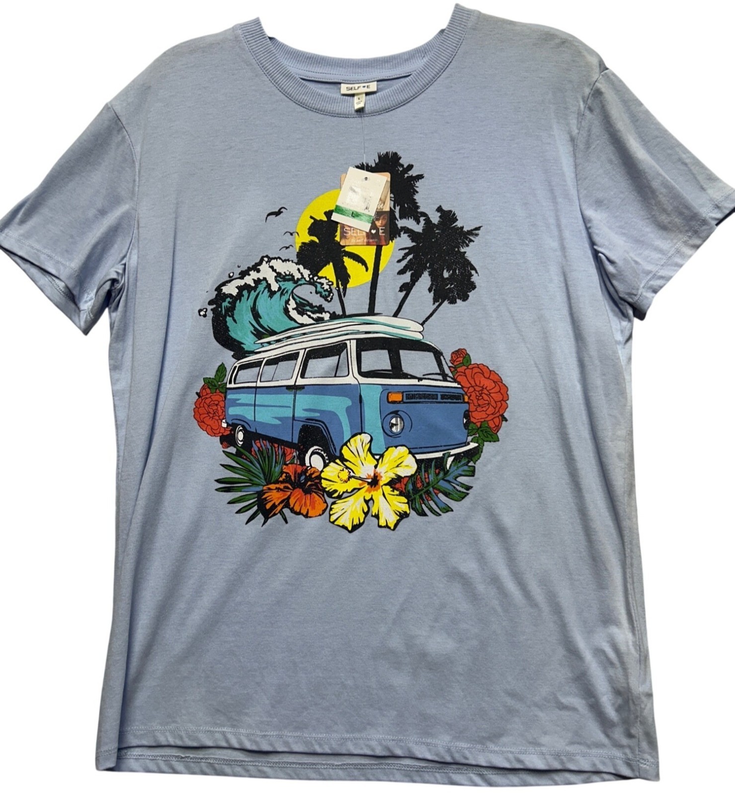 Self Esteem Womens Sz Large Graphic Tee Surf Van & Tropical Print flaw See Pic 3