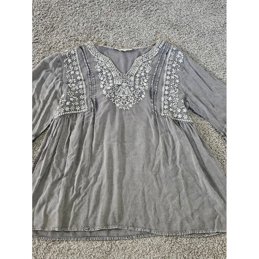 Solitaire Gray Embroidered Boho Peasant Blouse Women Large Top Balloon Sleeve