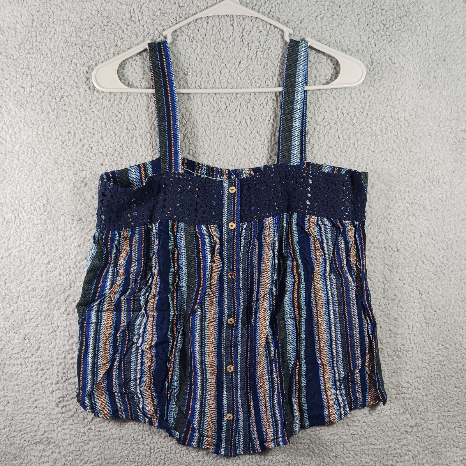 CHAMRING CHARLIE EYESHADOW BRAND BLUE & TAN STRIPED FLOWY TANK TOP WOMEN’S SZ M