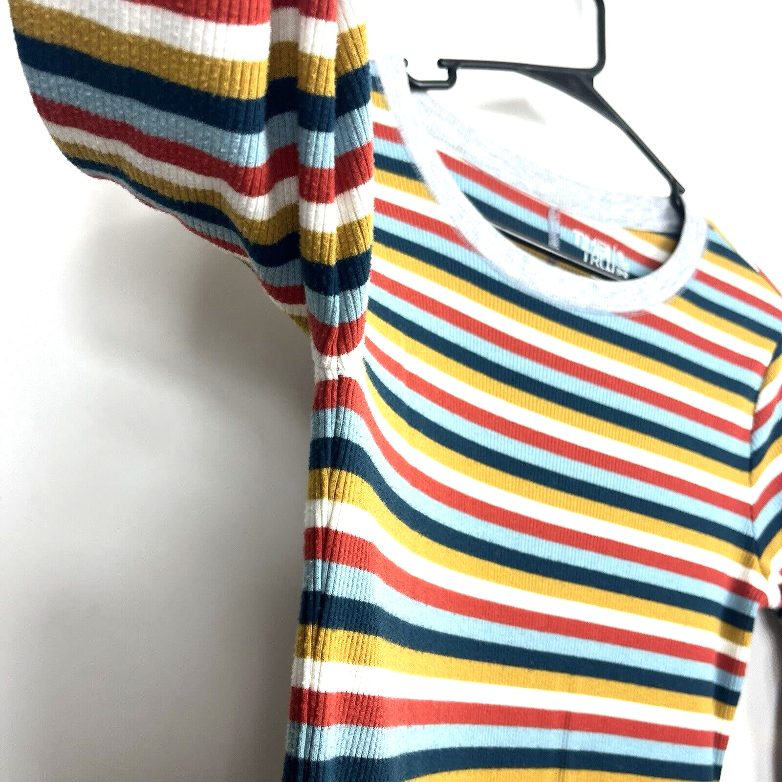 Women’s Time & Tru Red Navy Gold White Stipe Gray Trim Round Neck 3/4 Sleeve S