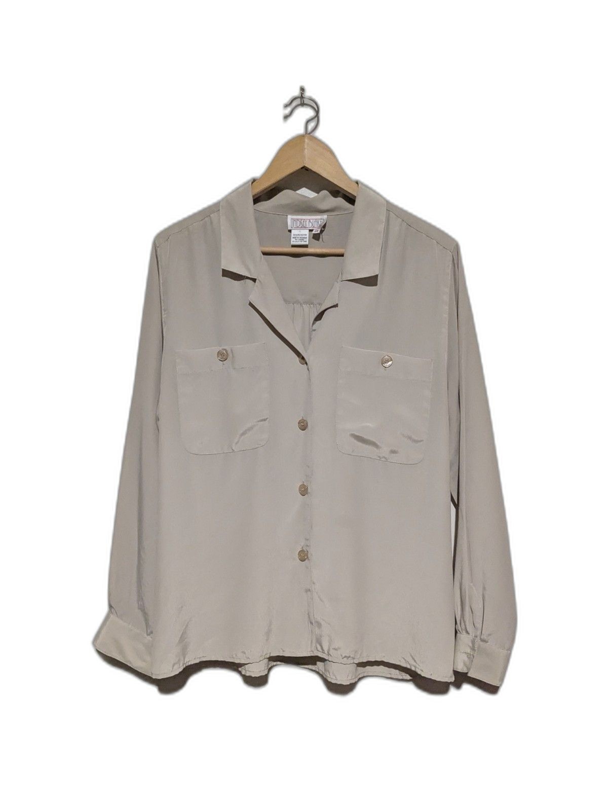 Vintage 80s Tan Button Front Collar Blouse Long Sleeve Shirred Back Yoke M/L