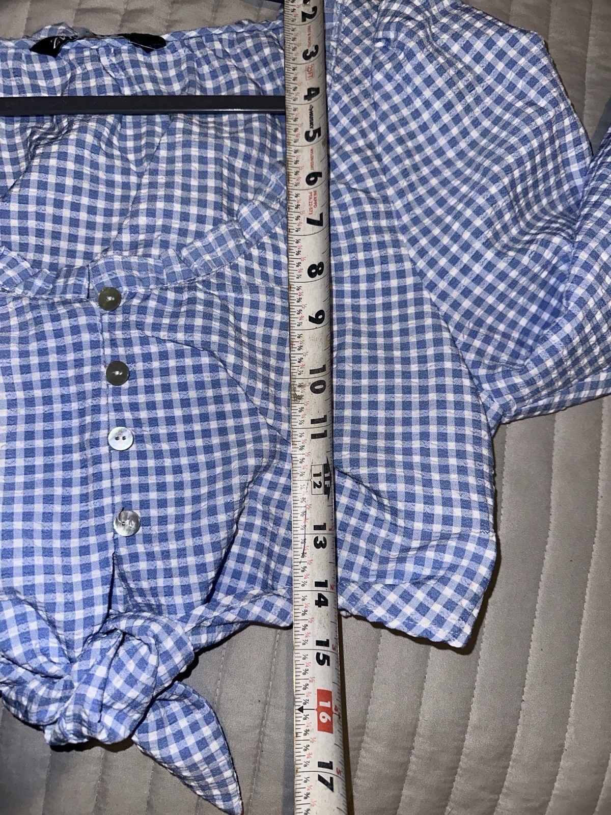 ZARA Women’s Blue White Gingham Cropped Tie-Front Puff Sleeve Blouse Size M