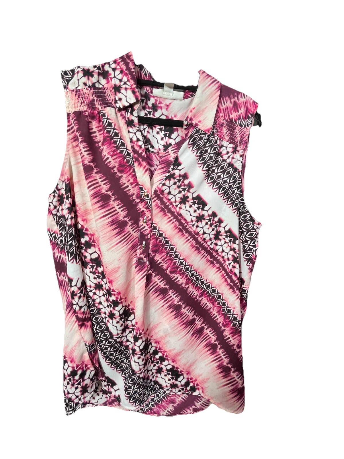 Dana Buchman Burgundy Multi Sleeveless Top Shirt 1/2 Button Pullover V-Neck Sz L