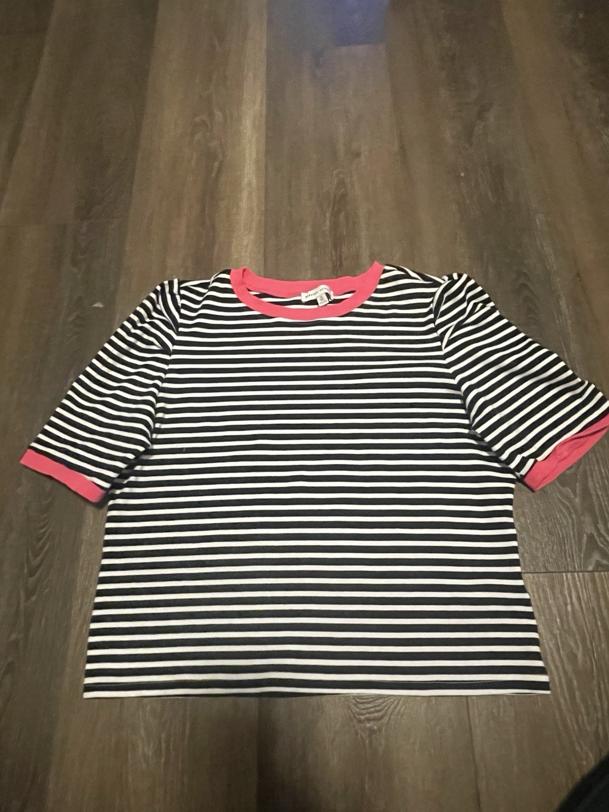 Rebecca Minkoff Black/White Striped Crew Neck Puff Sleeve Knit Tee Pink Trim