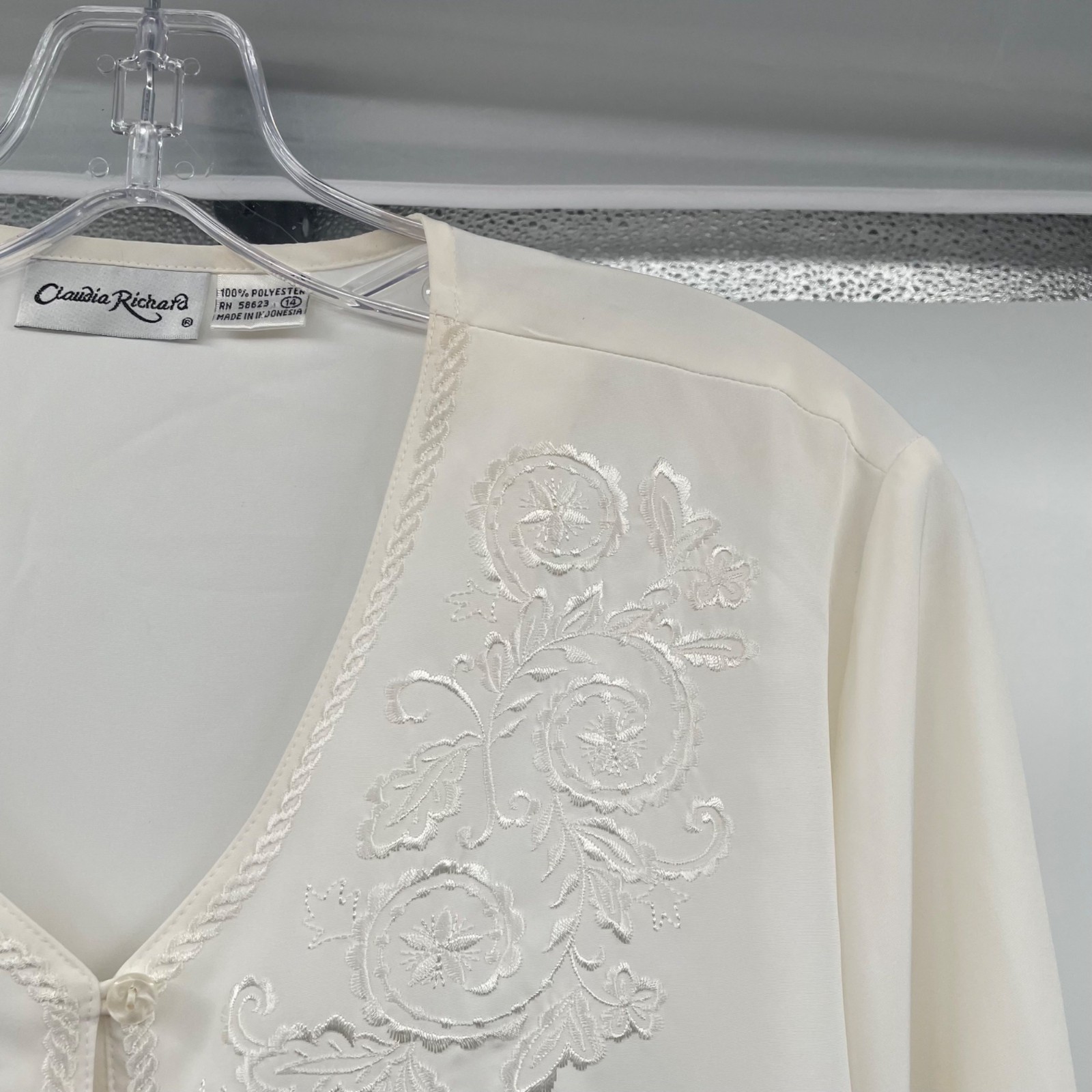 Claudia Richard Sheer Button Up Top Embroidered Long Sleeve Cream Size 14