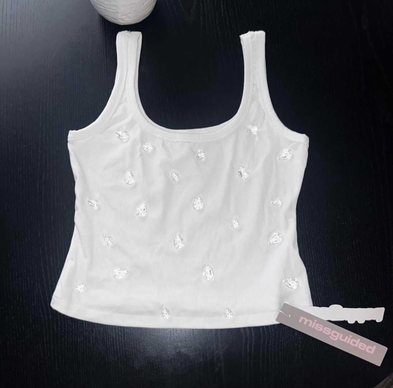 Missguided Ribbed Embellished White Tank Top