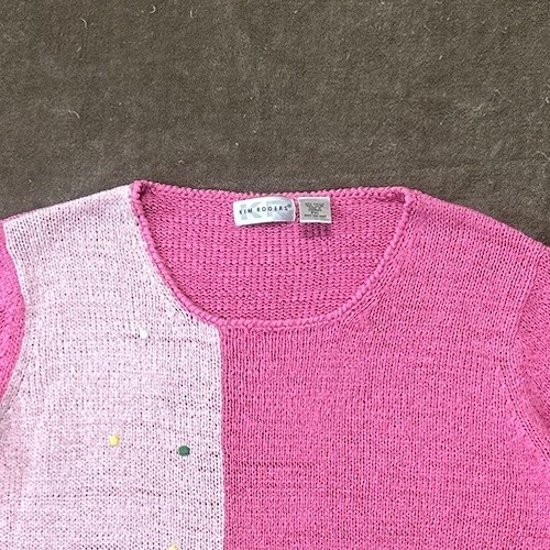 VTG Kim Rogers XL Petite Pink Red Patch Knit Pullover Spring Embroidered Daisies