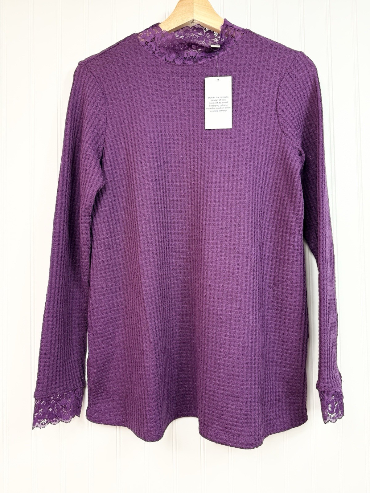 LOGO Lori Goldstein Shirt Womens XS Purple Metallic Waffle Knit Lace NWOT