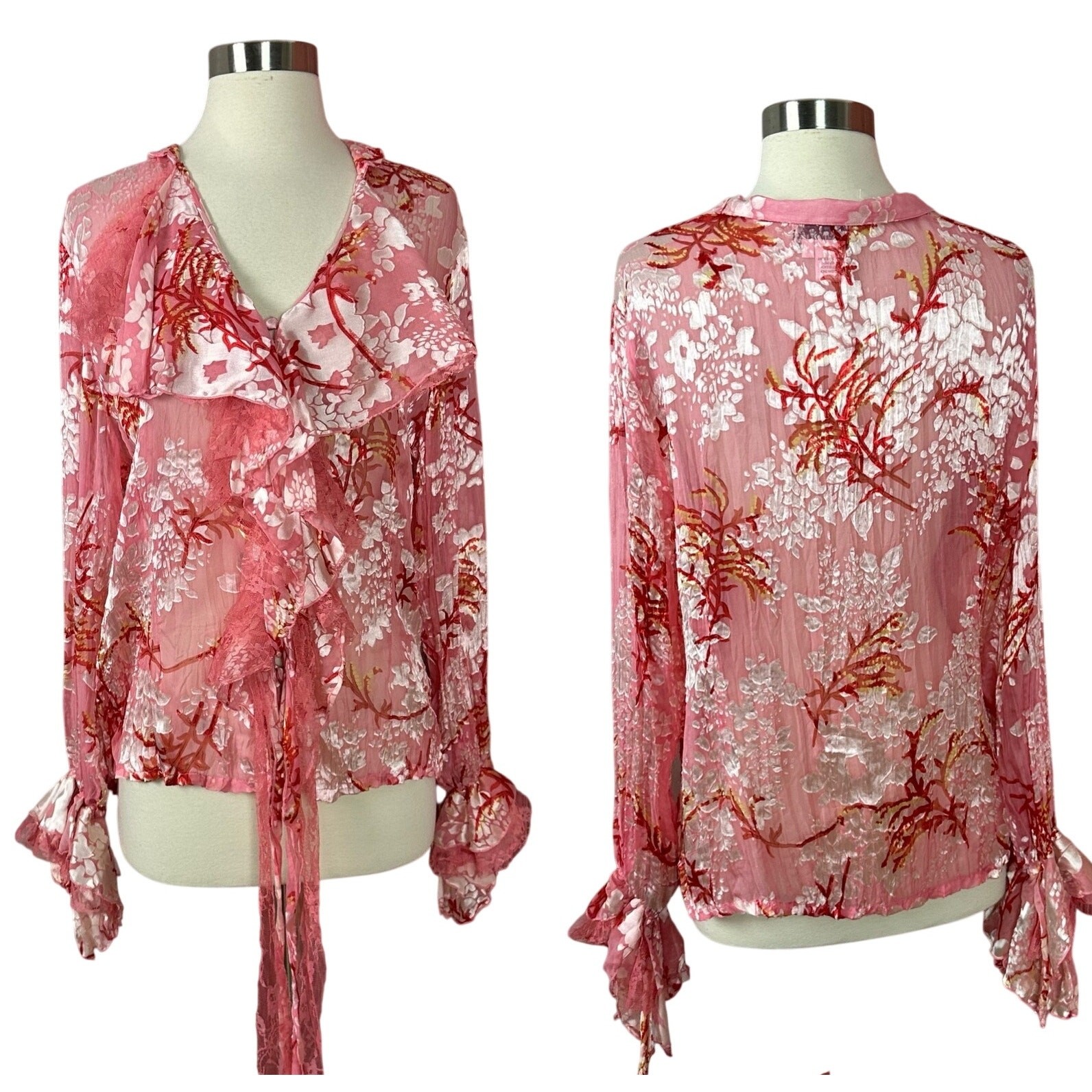 Y2K Fantazia Pink Lace Blouse Victorian Silk Blend Sheer Whimsy Womens Size XL
