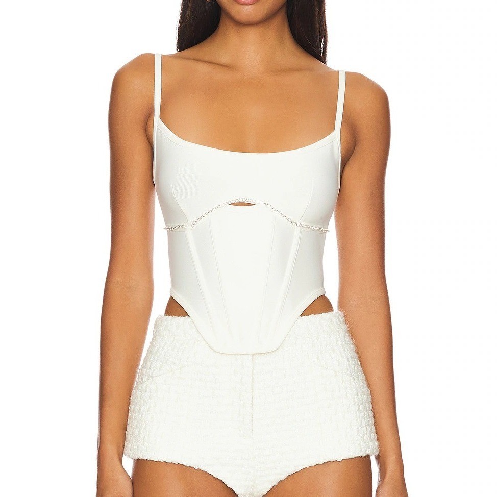 New Superdown White Rhinestone Cutout Corset Bustier Crop Top Small NWT