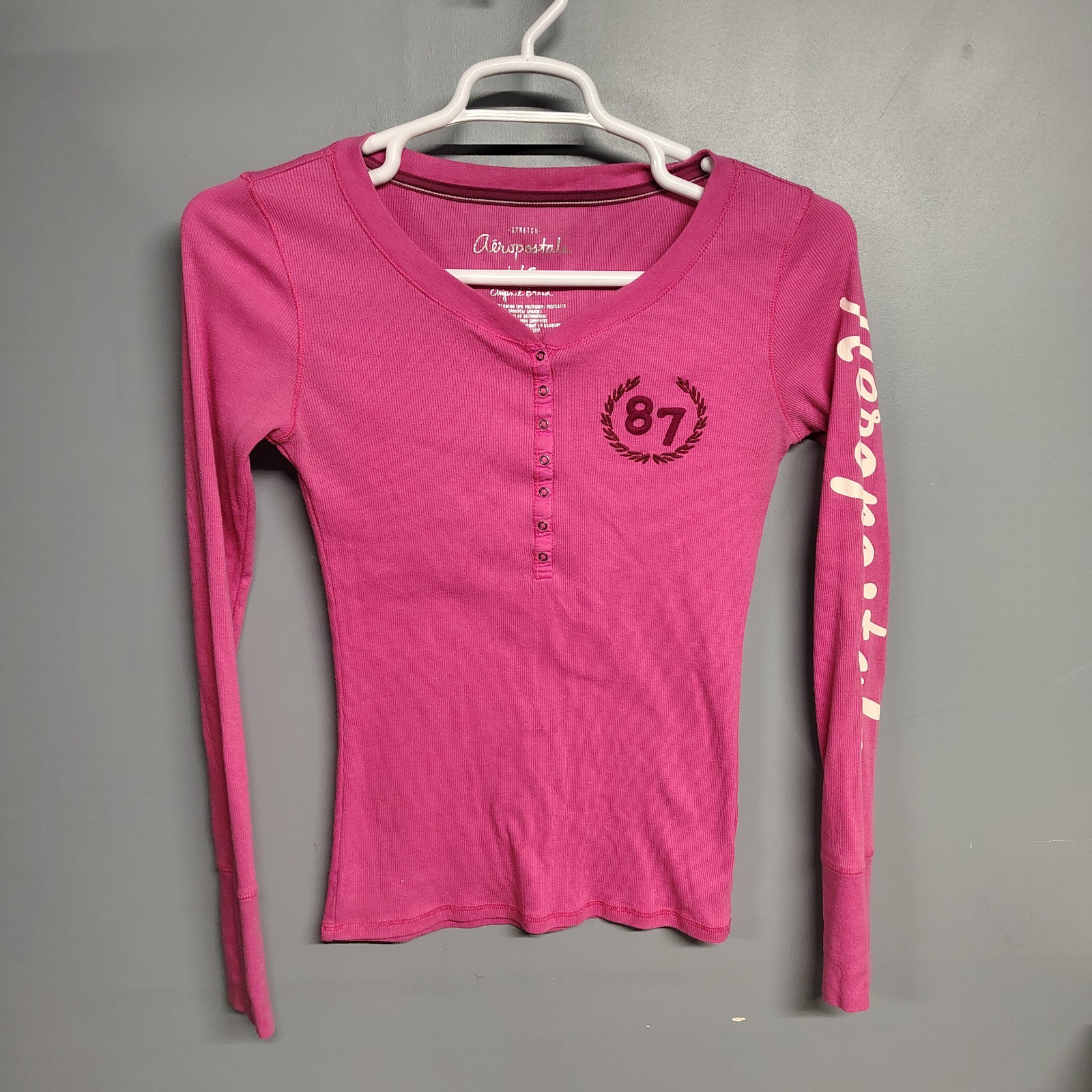 Y2K Aeropostale Pink Ribbed Logo Spell Out Long Sleeve Preppy Henley 1/4 Snap L