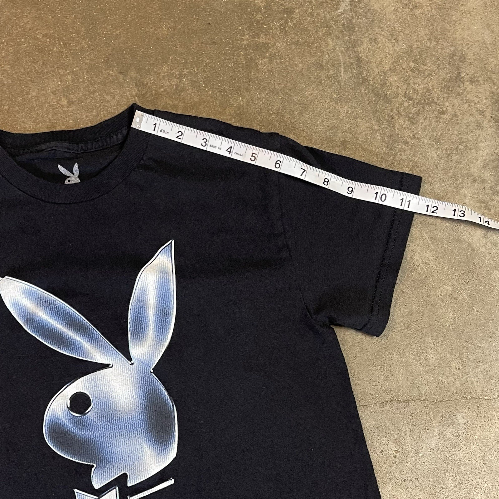Playboy Bunny Logo Graphic T Shirt Womens Small Black Metallic Blue Y2K Tee