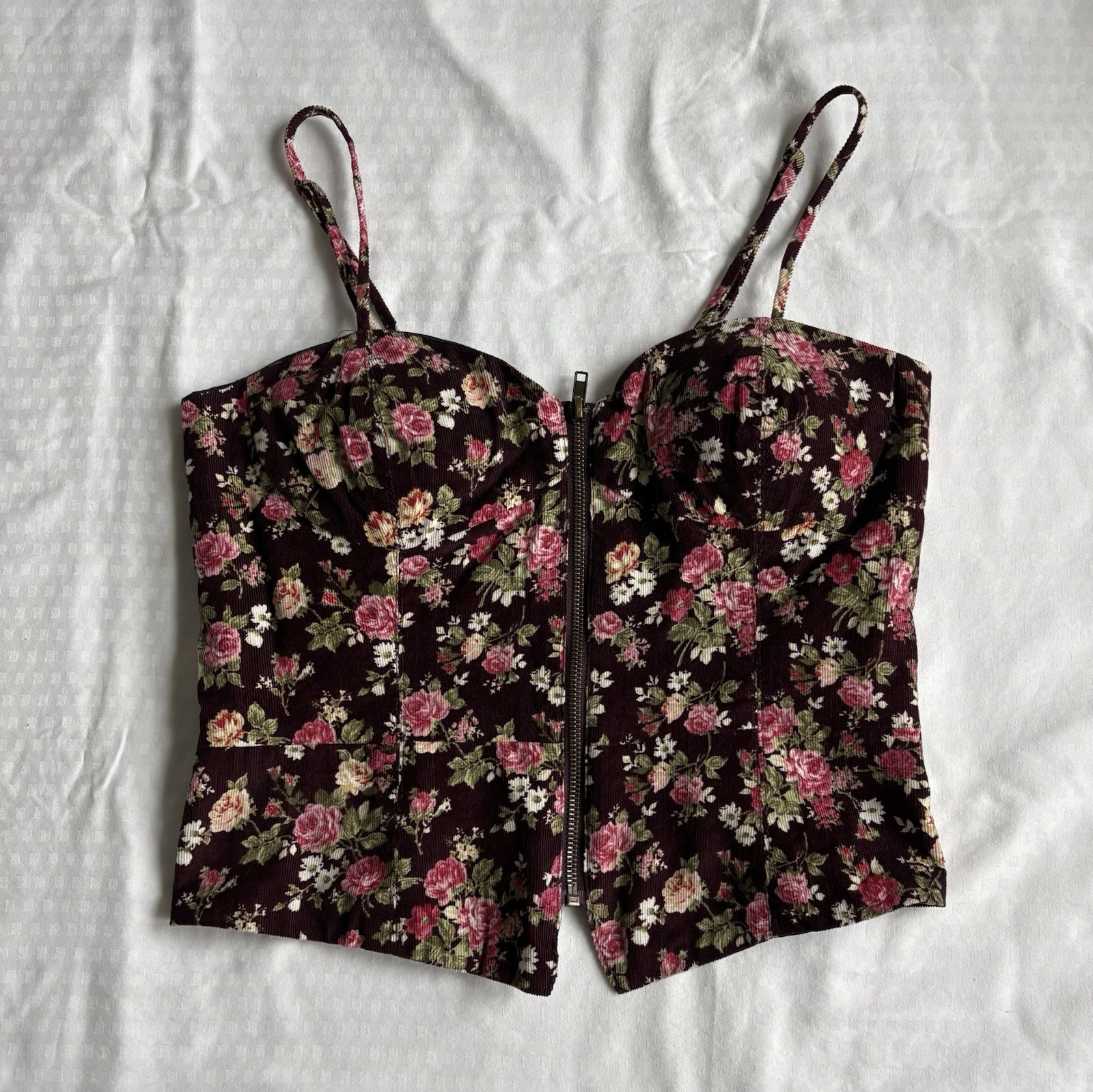 Twentyone Corset Floral Sz L Brown Sweetheart Neckline Corduroy