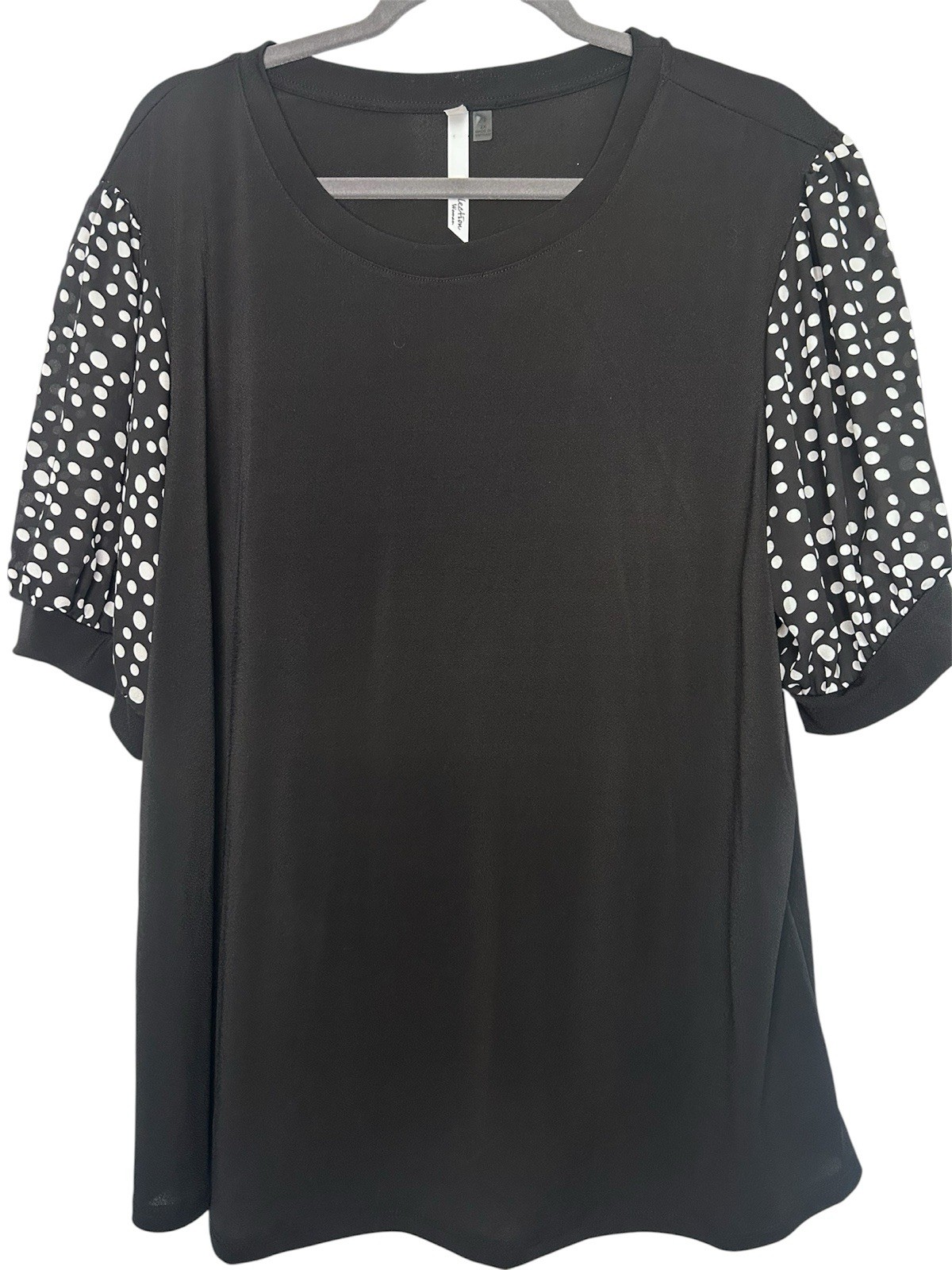 NY Collection Women Plus Size 2X Top Black Polka Dot Chiffon Puff Sleeve Stretch
