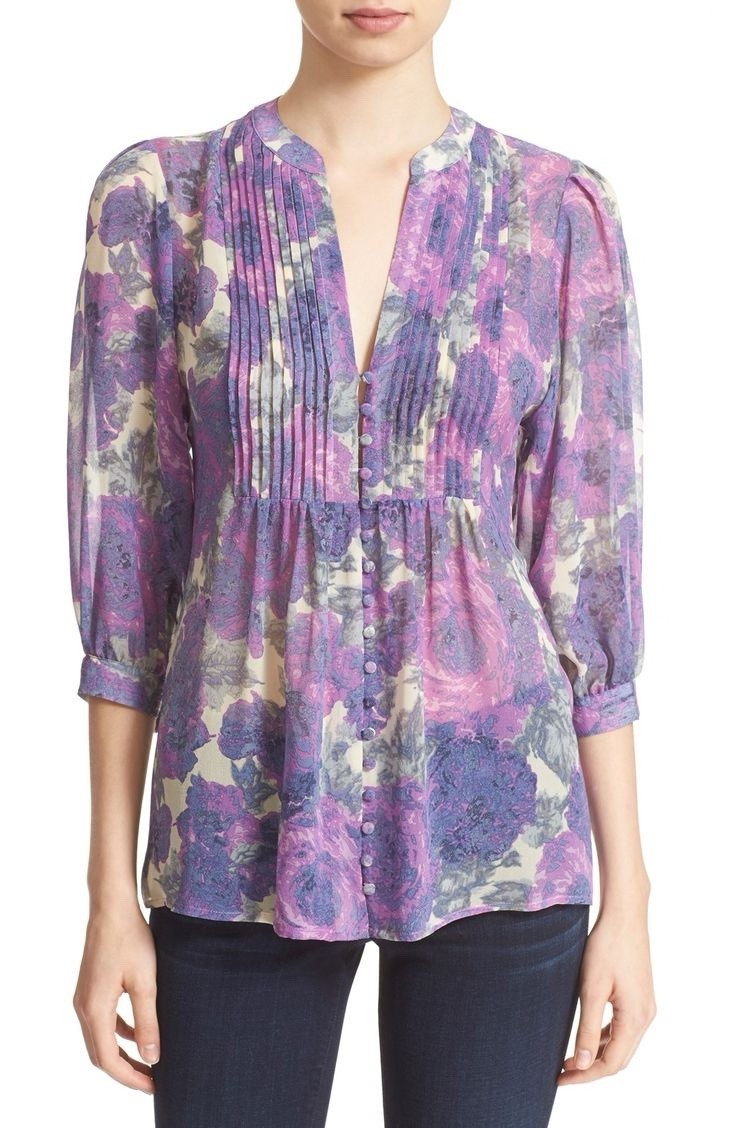 JOIE Datev Pintuck Pleated Purple Floral Silk Button Blouse Sz XXS Worn On Tv