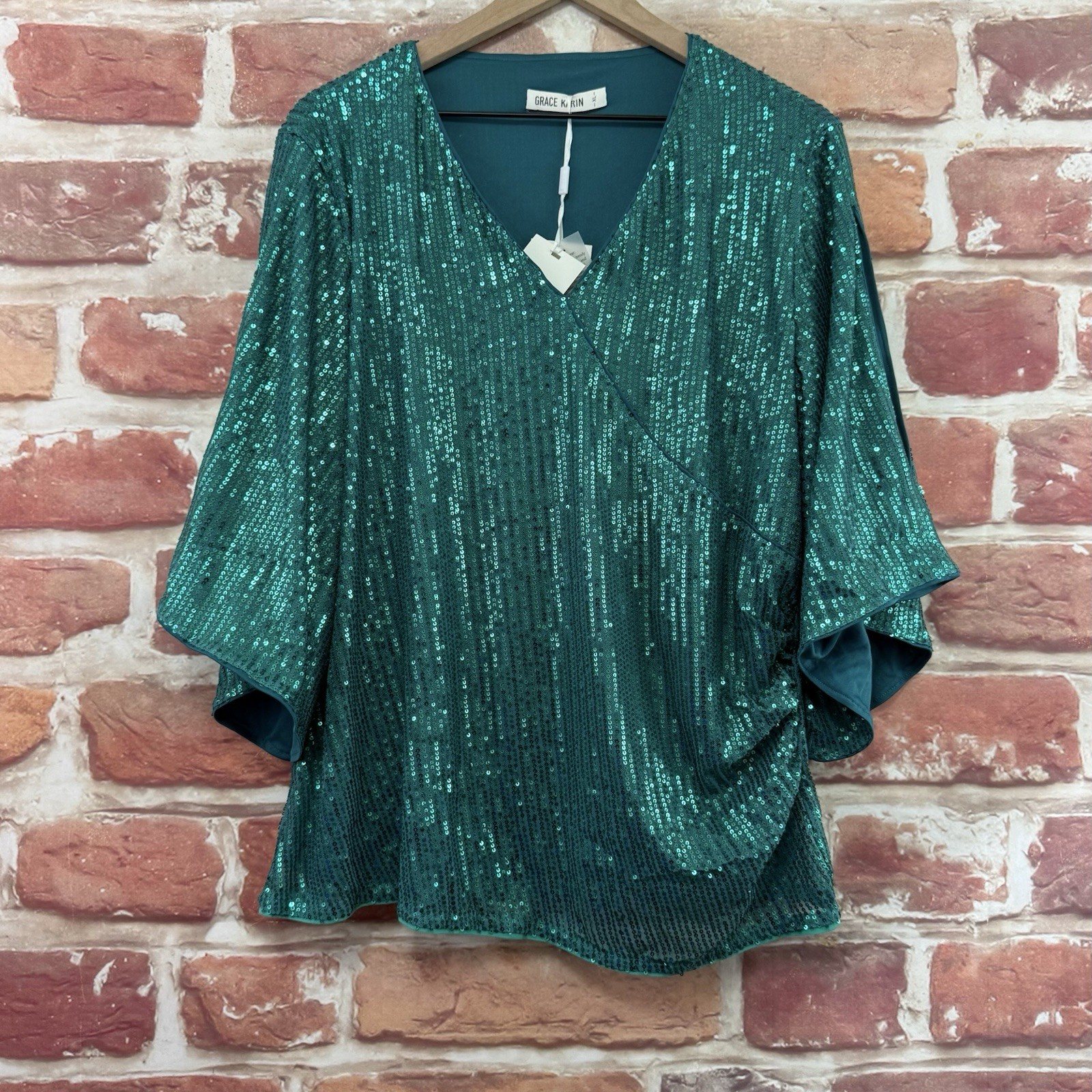Grace Karin Top Womens XL Green Sequin Sparkly Stretchy Evening Party Shirt