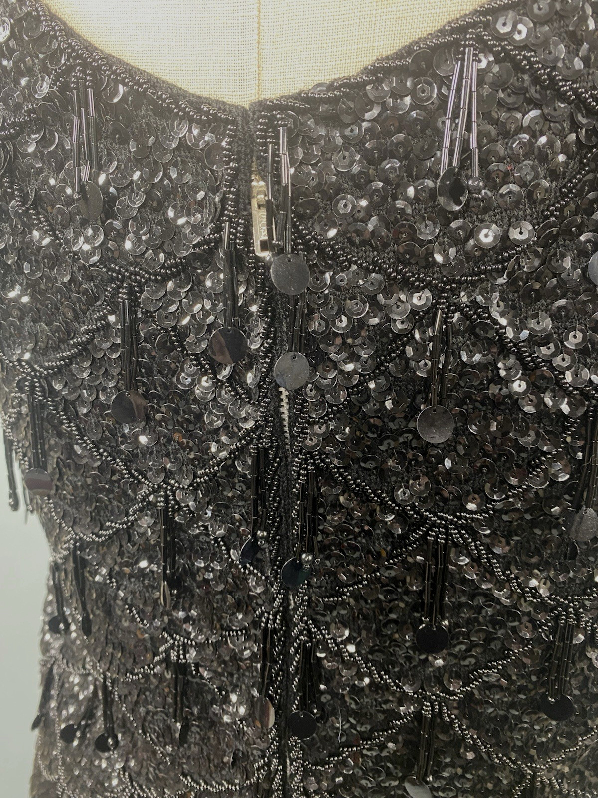 Vintage Sequin Top SIZE MEDIUM M black beaded fringe MACY’S Hong Kong 60s 70s