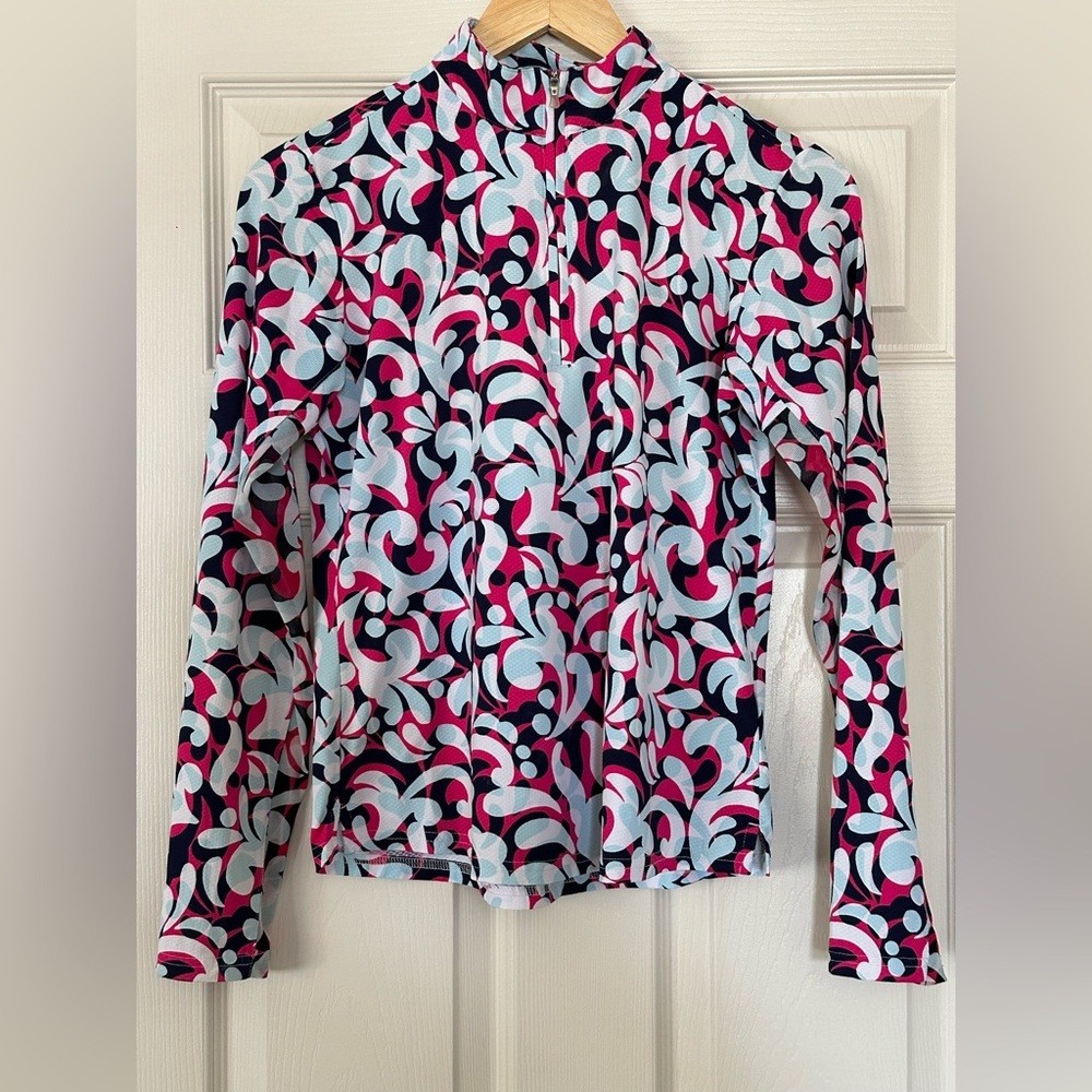 SanSoliel Women’s SolTek Lux 1/4 Zip Golf Sun Shirt Small Pink Blue Swirl UPF 50