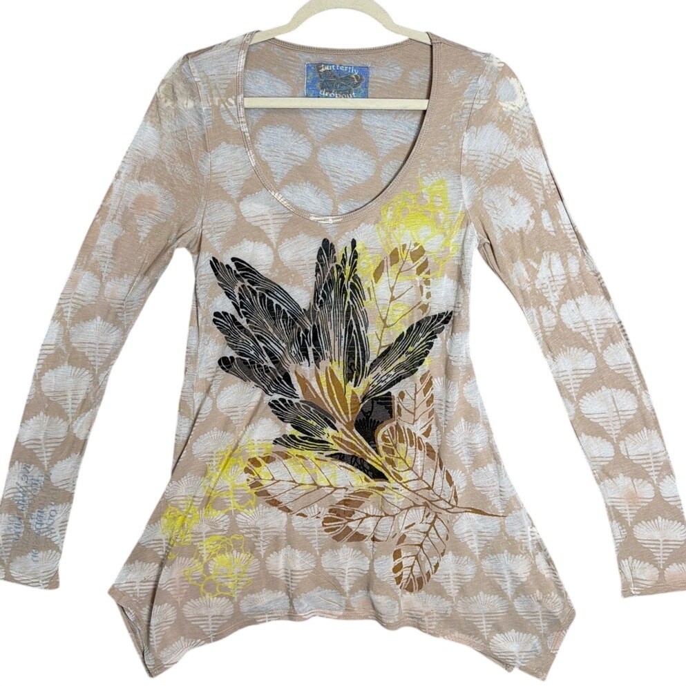 Butterfly Dropout Handmade Boho Tunic Top Leaf Print Handkerchief Hem XS USA