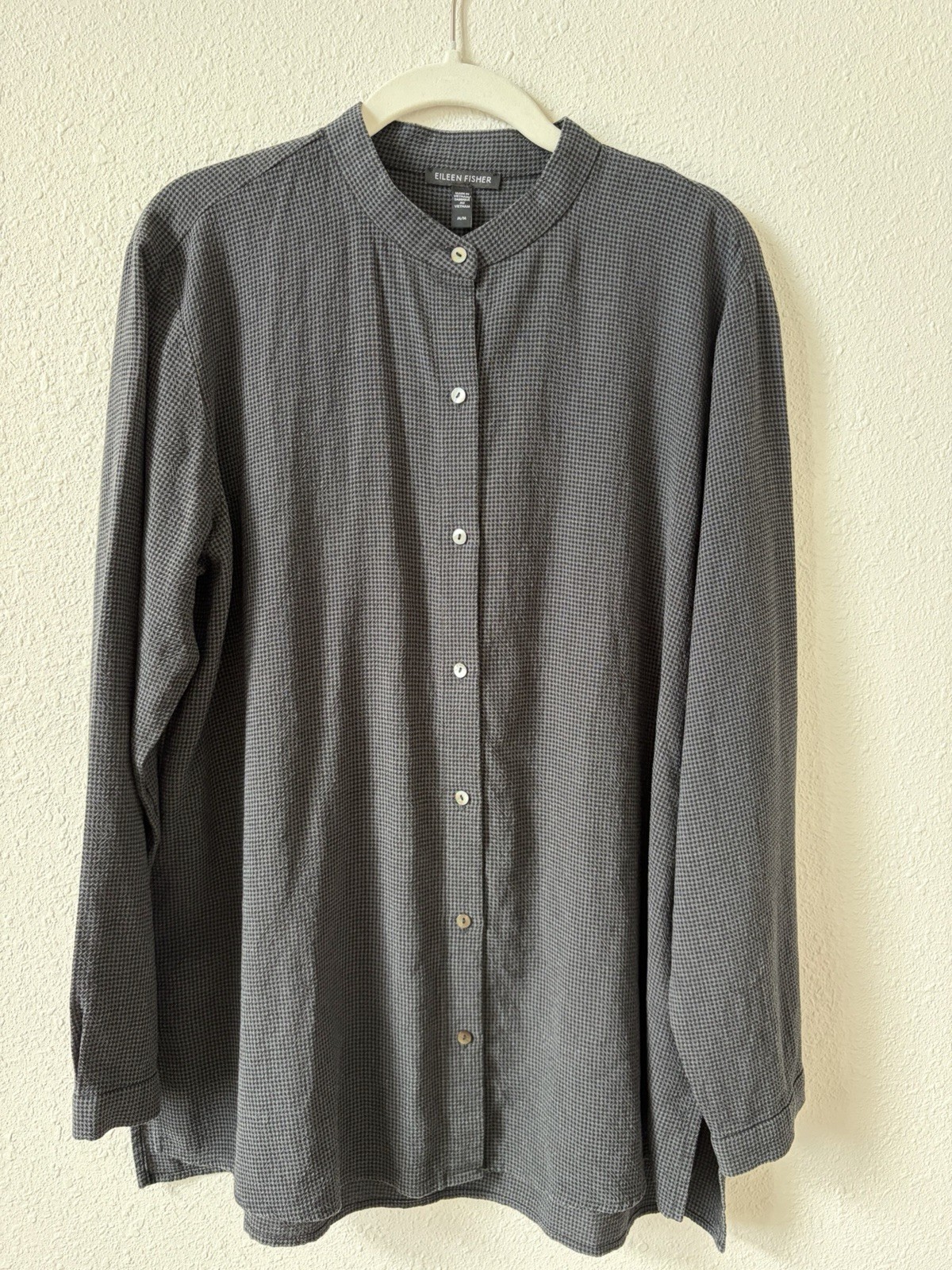 Eileen Fisher 100% Lyocell Mandarin Collar Tunic Top Houndstooth Size Medium