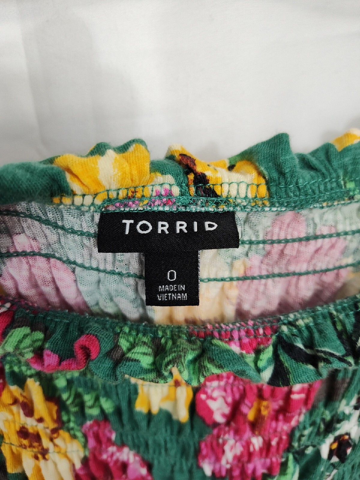 Torrid Blouse Women’s l or 12 Green Floral Smocked Bodice Baby Doll Cotton Blend