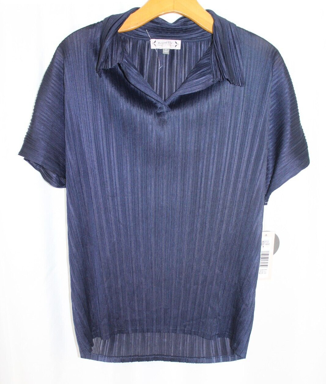 NWT Nanette Lepore Womens Deep Navy Crinkle Short Sleeve V Neck Blouse M