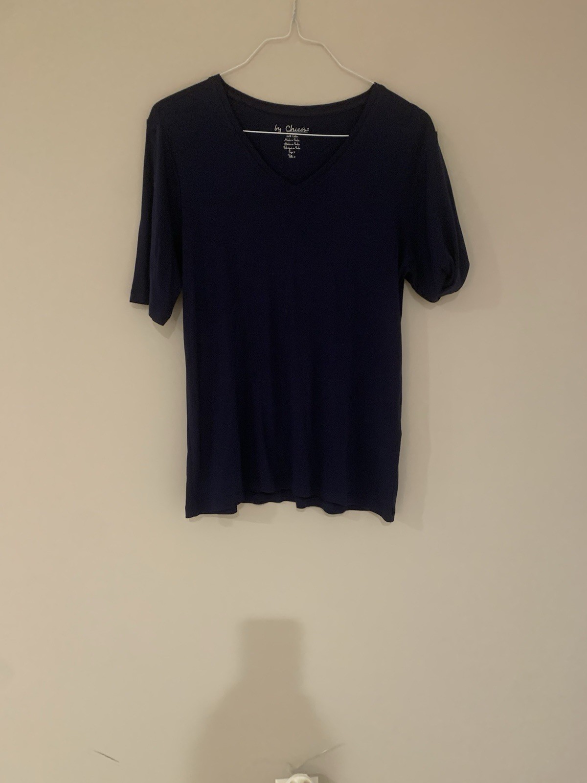 Chico’s Navy Blue V-neck Top, Size 2, Elbow Length Sleeves