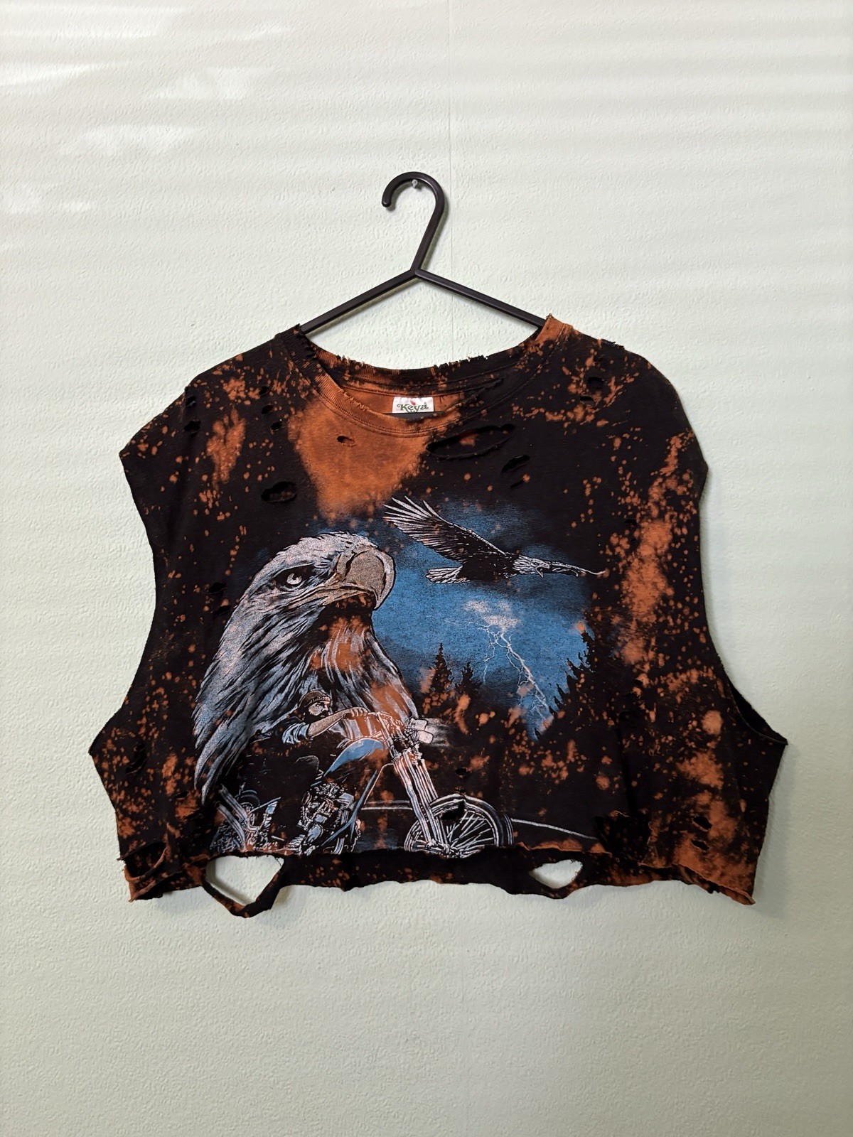 Vintage Motorcycle Bleached Distressed Cropped T-shirt Size Medium Grunge Boho