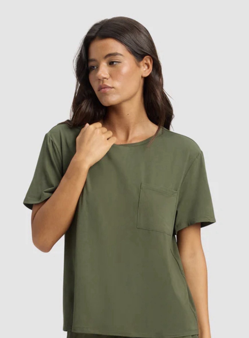 Cozy Earth Bamboo Stretch-Knit Lounge Tee – Olive – M NWOT
