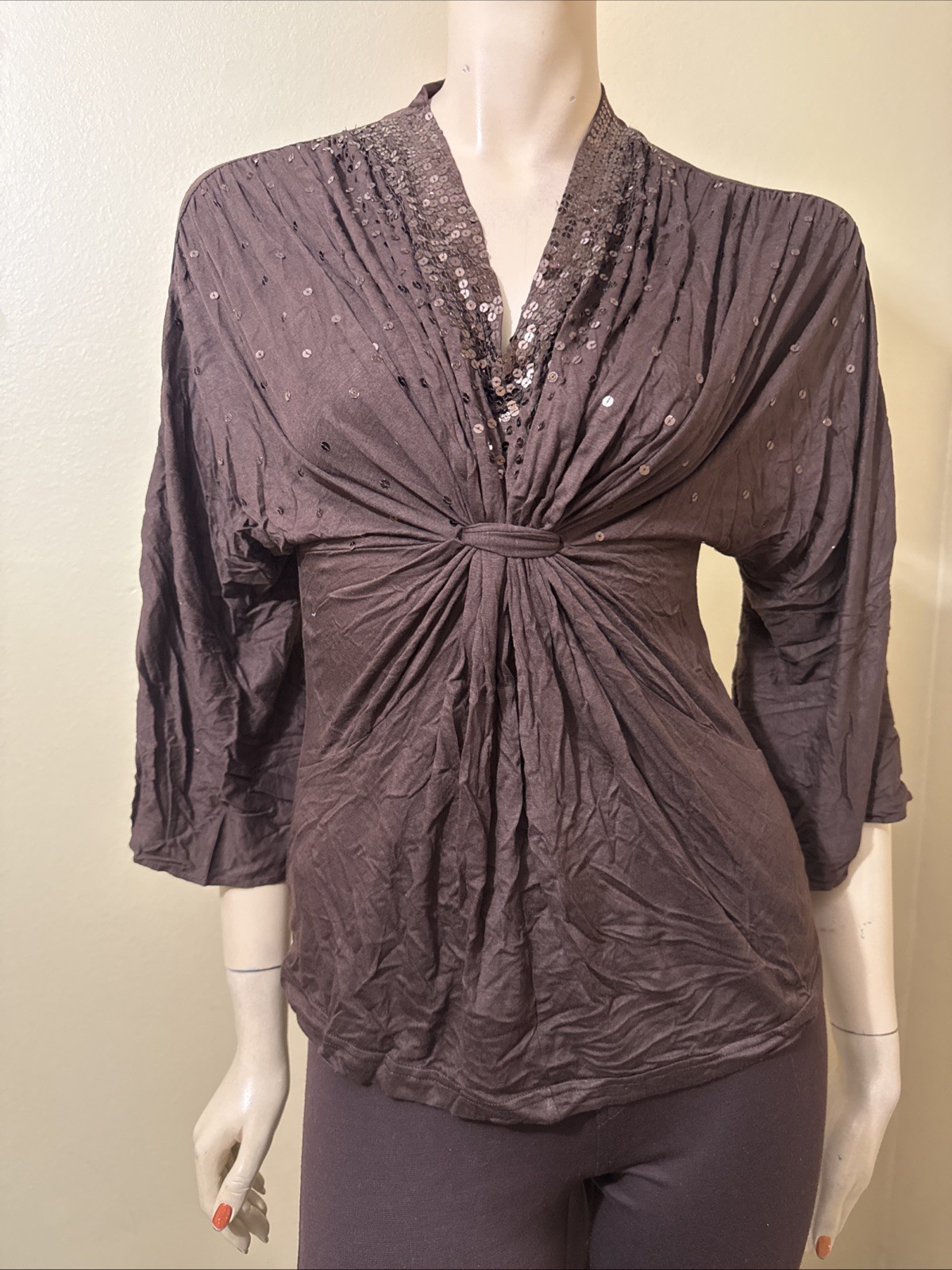 Women’s Brown Rayon Casual Pleated Stretch Beaded Bundle Size L Blouse Top
