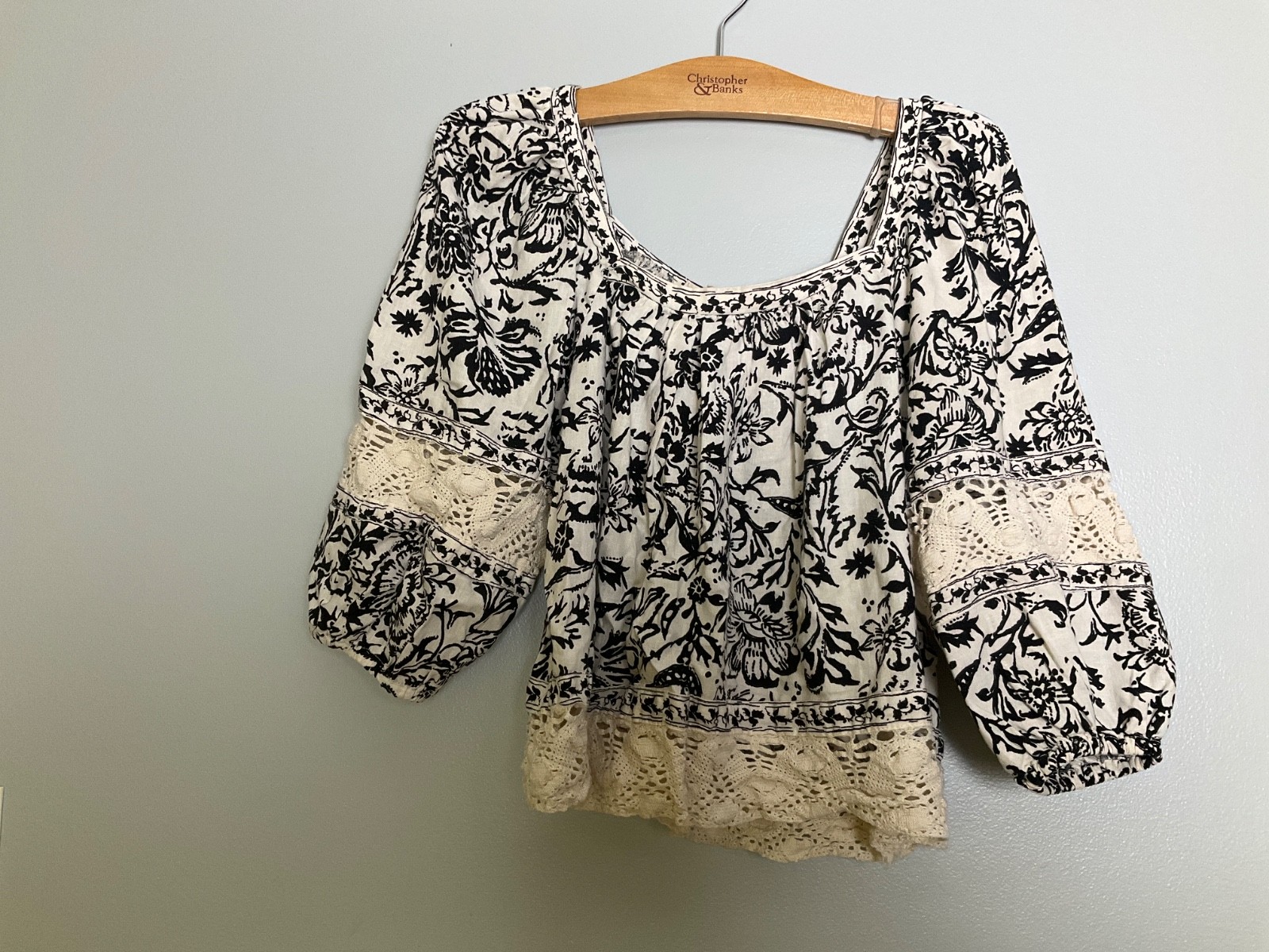 Christian Siriano New York Floral Print Crochet Trim Linen Blend Blouse Size L