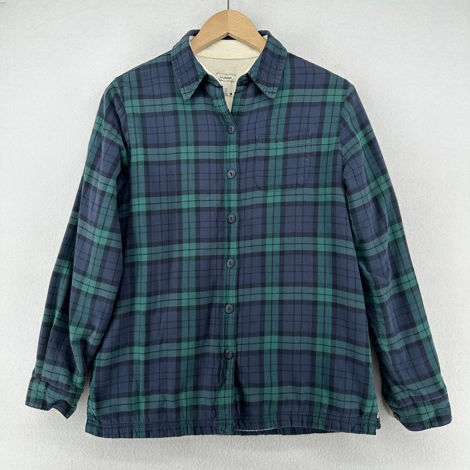 LL BEAN Shirt Womens XS Fleece Lined Flannel Plaid Blackwatch Cotton Green