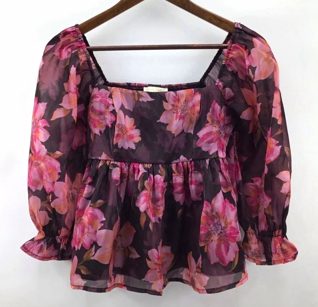 Thirty Thirty LA Floral Sheer Chiffon Square Neck Puff Sleeve Blouse S