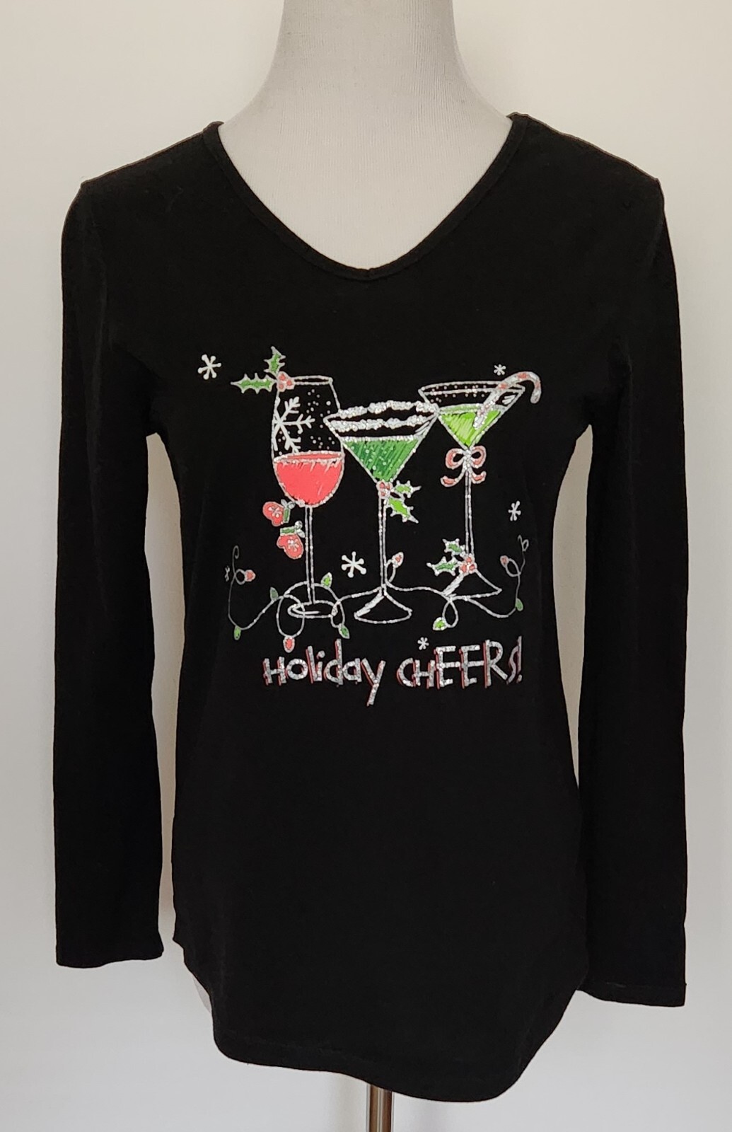 Holiday Time Christmas Top size S M Black Long Sleeve Holiday Cheers Drinks