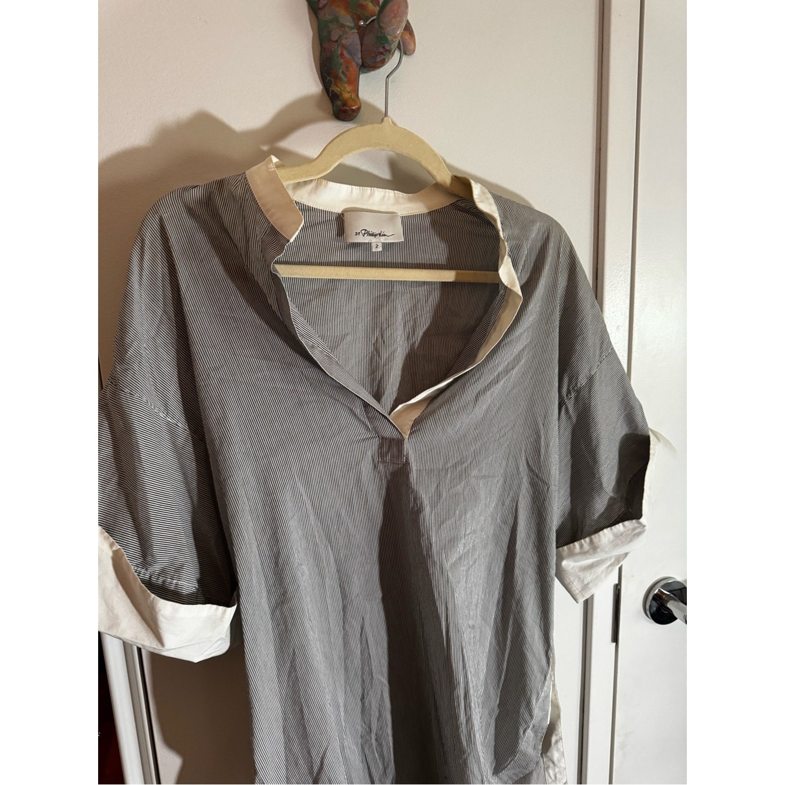 3.1 Phillip Lim Blue Gray Pinstripe Tunic with White Trim