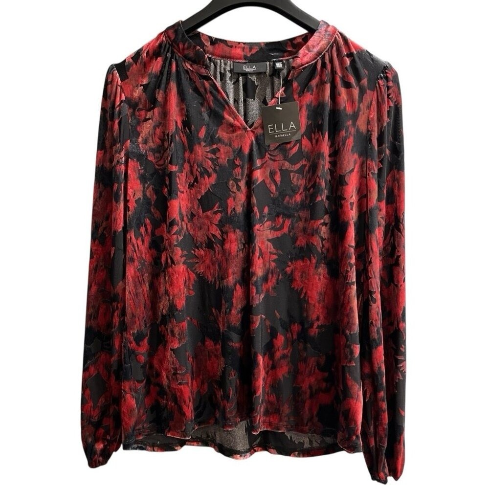 Ella Rafaella Red Black Burnout Velvet Floral Split V-Neck Blouse Small MA6731