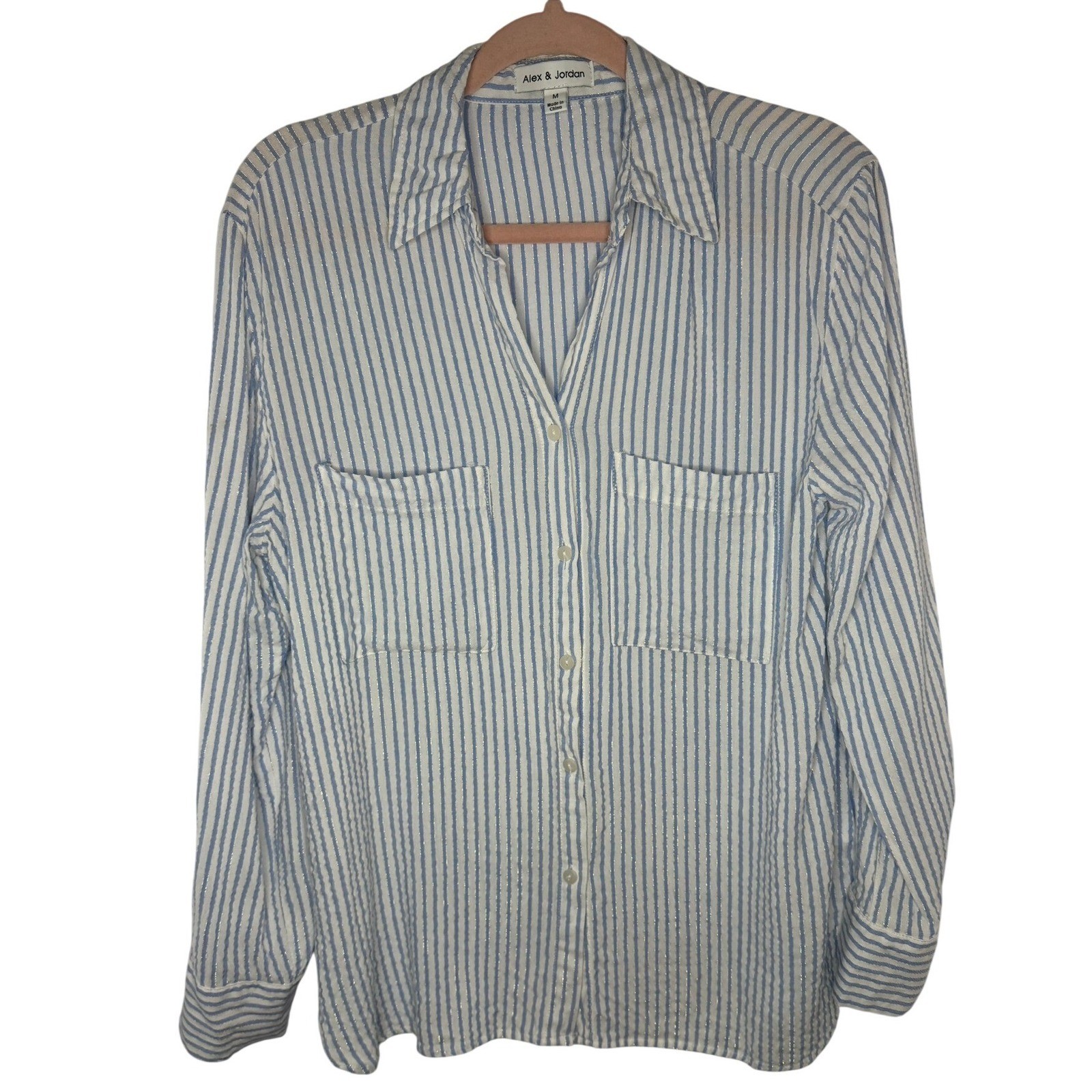 Alex & Jordan Womens Blue White Striped Lurex Metallic Button Down Shirt Medium