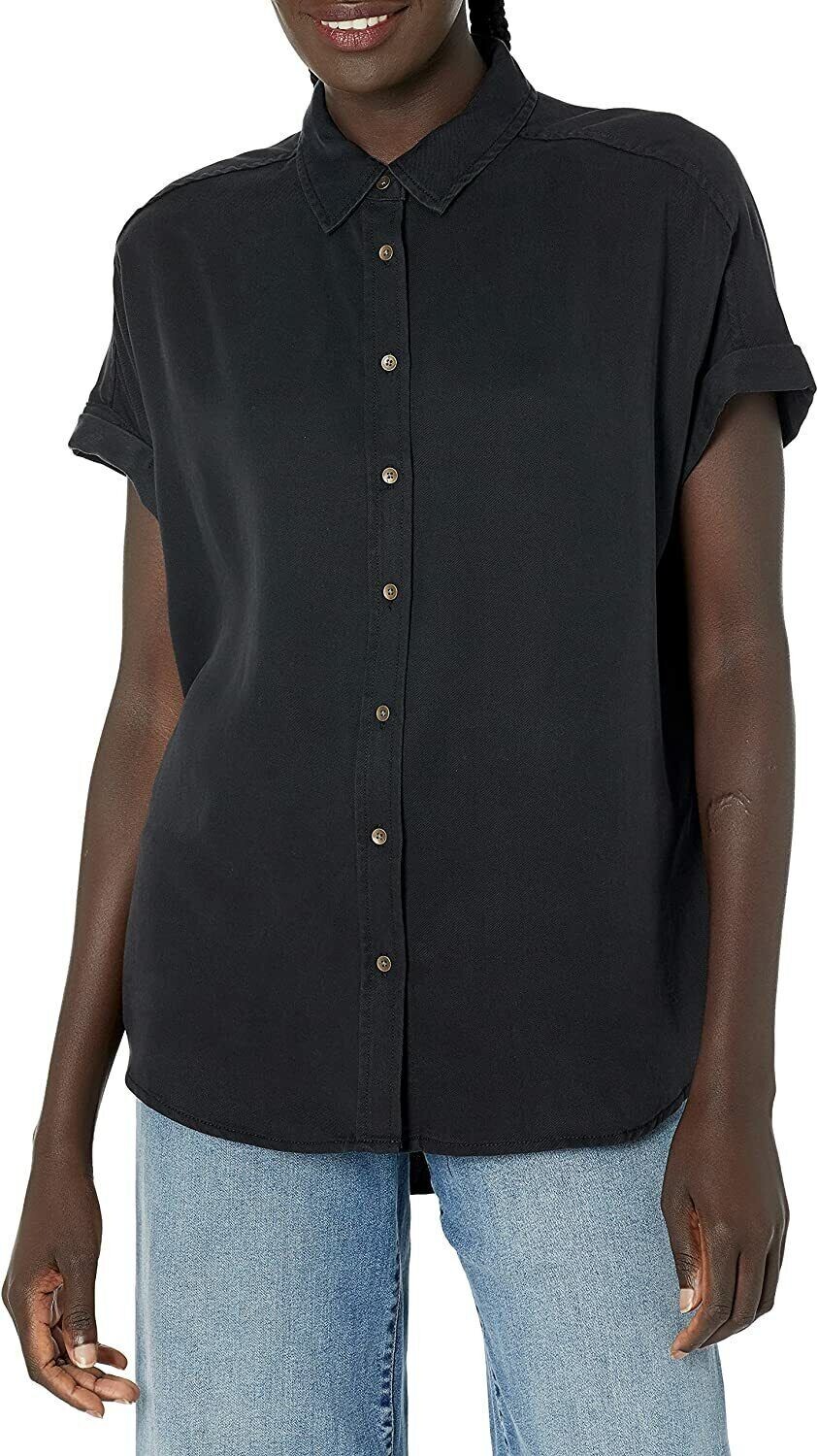 Daily Ritual Womens Tencel Black Oversized Short Sleeve Button Front Shirt L New
