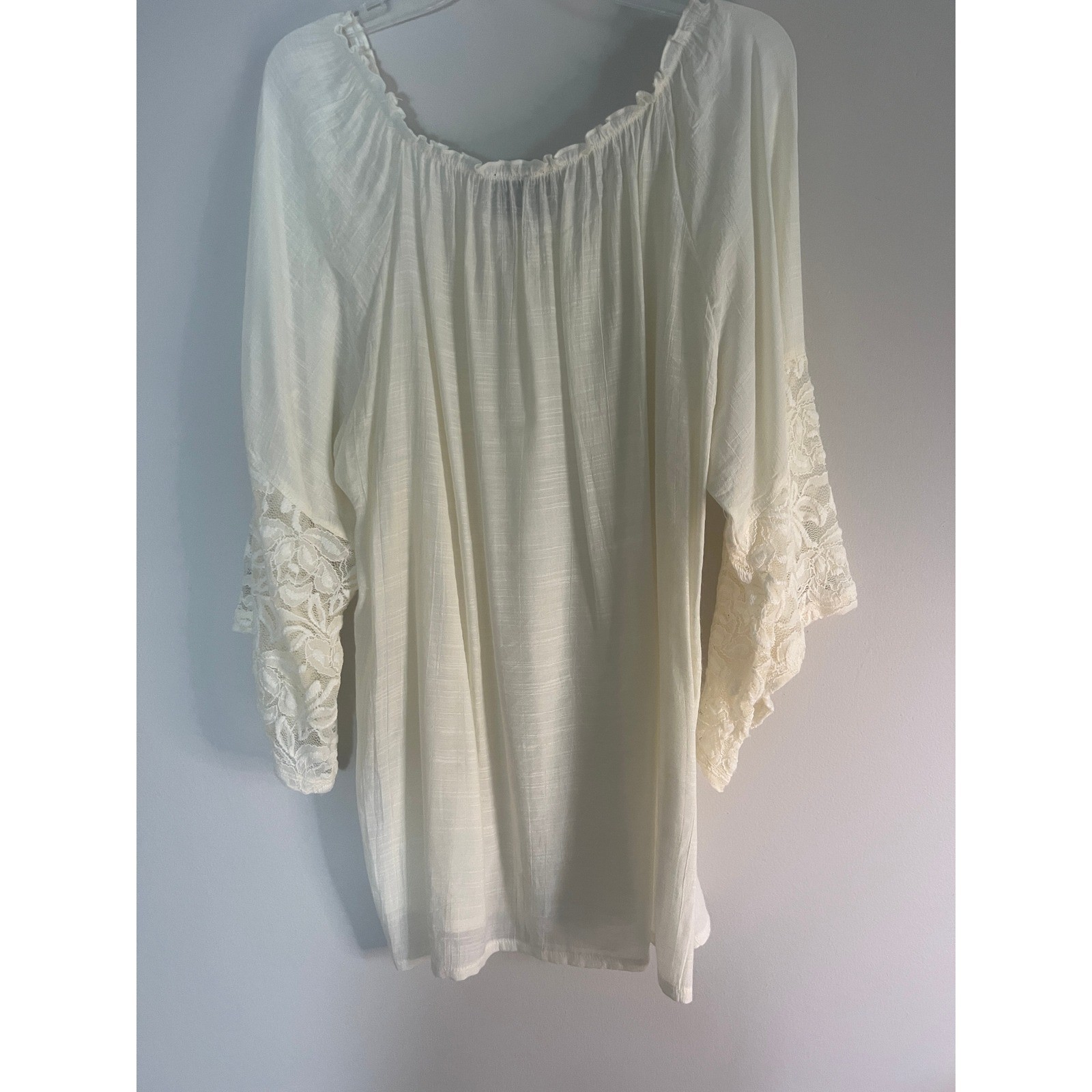 New Directions Ivory Boho Peasant Blouse Lace Crochet 3/4 Sleeve Top Womens L
