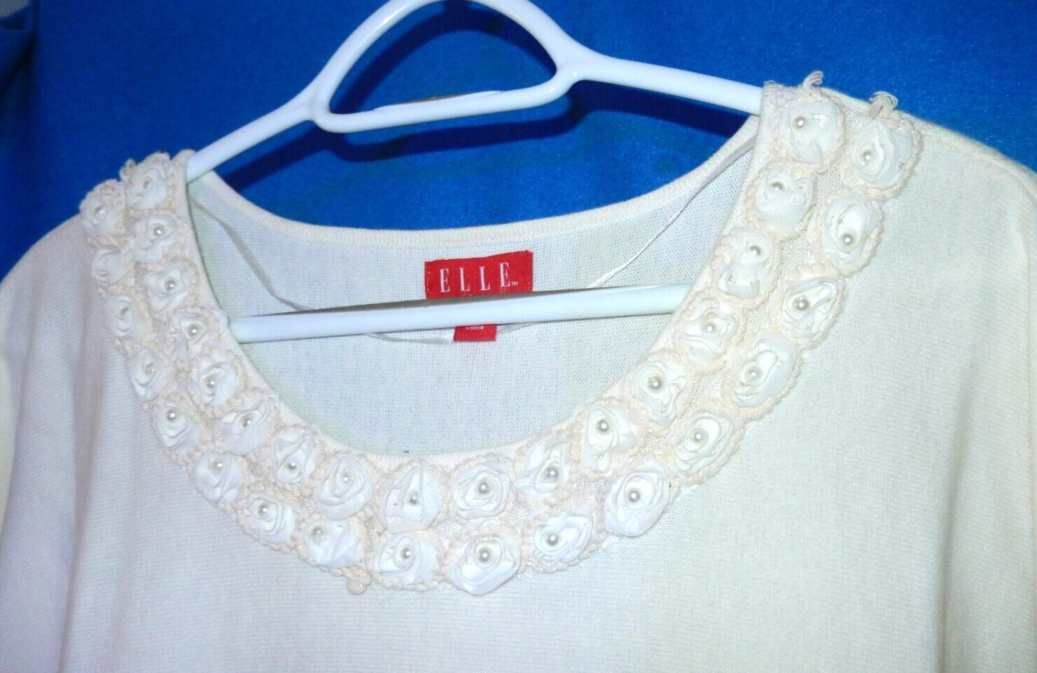 Elle Dressy Sweater/Top, Pretty Feminine Roses & Pearls Neckline-S NWT $50
