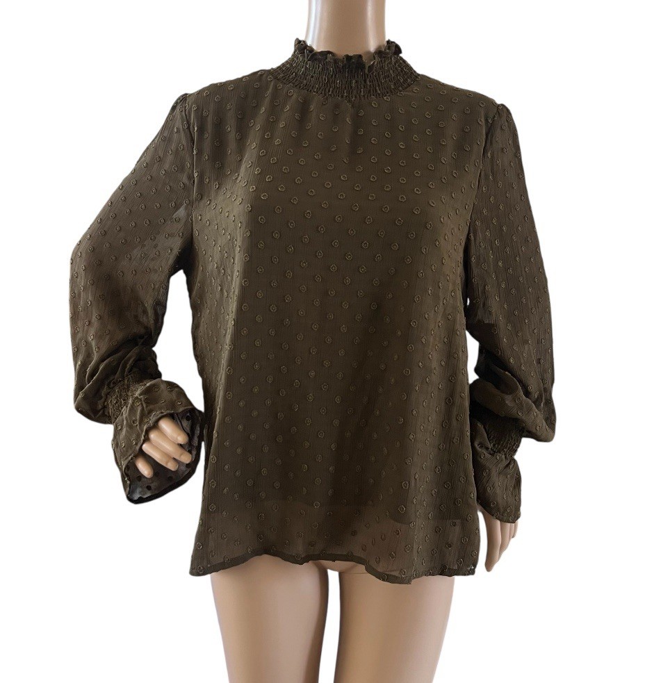 Roolee Womens Dark Green Swiss Dot Blouse with Shirred Flounce Sleeve Size L