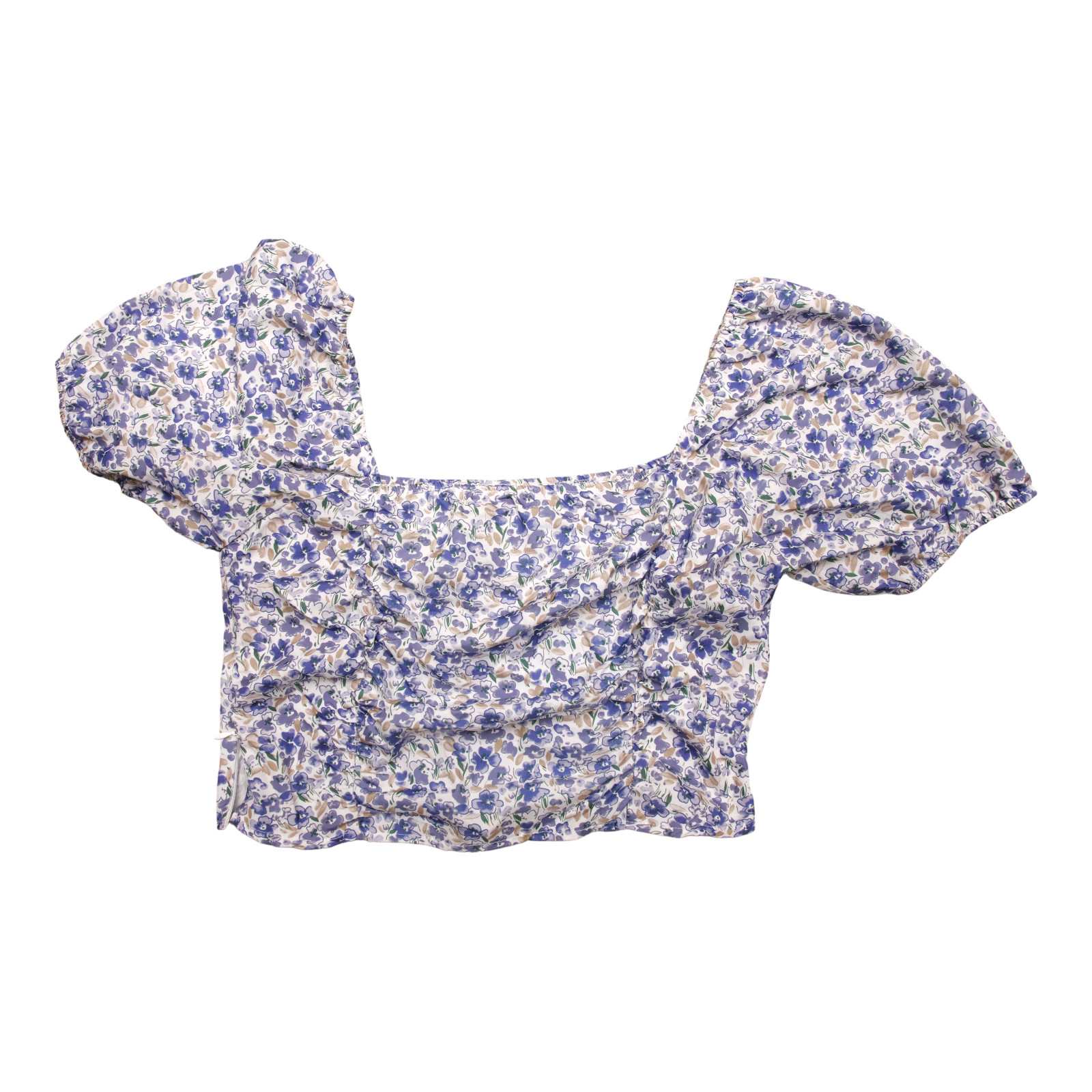 LONESS Floral Puff Sleeve Blouse Womens L 8/10 Ruched Square Neck